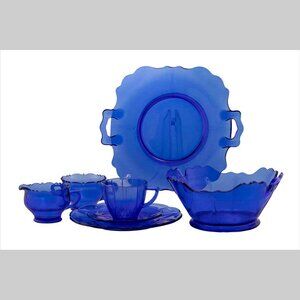 Vintage Hazel Atlas Table Glass Service for 4 in Ritz Blue 16pc